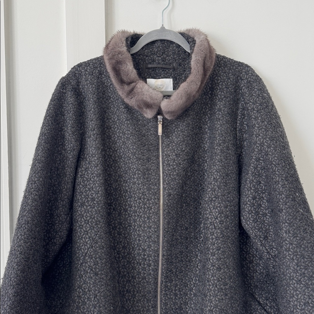 Wool-Blend Gray Zip Front Coat with Faux Fur Collar